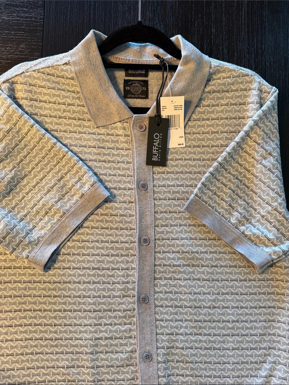 NWT Buffalo David Bitton Light Gray Patterned button up Knit Polo L